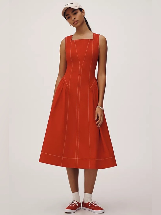 Anthropologie Dresses & Skirts - NEW Anthropologie Red Structured Midi Dress Contrast Stitch Pockets Square Neck